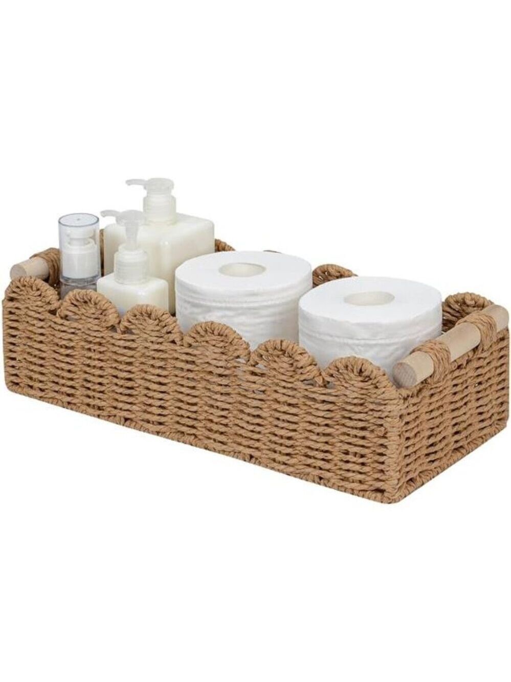 Neutral scalloped edge storage basket small woven bin for bathroom decor